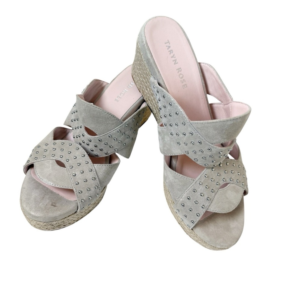 Taryn by Taryn Rose Karena Wedge Heel Beige Leather‎ Studded Size 8M Open Toe